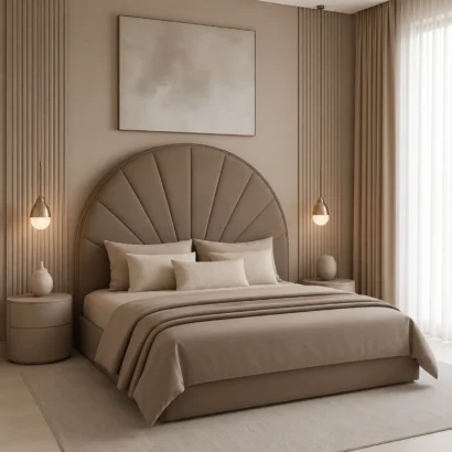 Taupe velvet upholstered bed with elegant arched headboard in Dubai