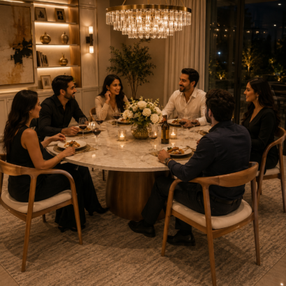 Luxury wooden dining chairs with cream upholstered seats around a dining table in UAE