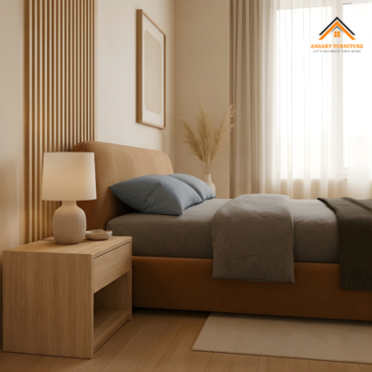 Luxury tan upholstered platform bed