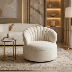 Modern bouclé accent chair styled in an elegant luxury living room
