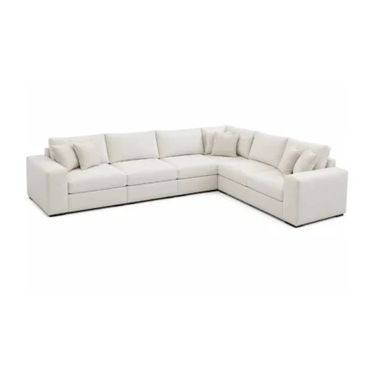 Contemporary 6-seater corner sofa in soft cream upholstery, designed for spacious and modern living rooms in Dubai.