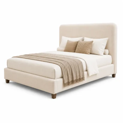 Modern luxury cream upholstered platform bed with soft padded headboard isolated on a white background for furniture catalog, Dubai UAE.