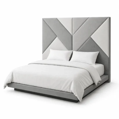 Contemporary Geometric Fabric Upholstered Panel Bed Frame designed for modern bedroom interiors in Dubai, UAE.