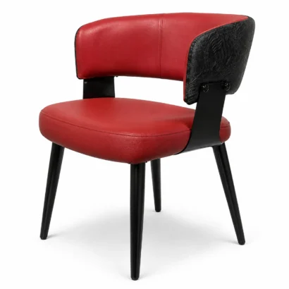 Modern red finish dining chair side view with black frame