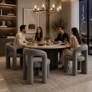 Side view of modern sculptural chair with curved contemporary form