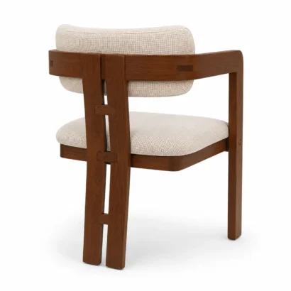 Back view of modern solid wood dining chair with natural wood frame