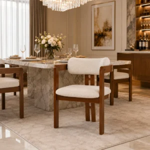 Modern solid wood dining chair styled in a luxury dining room