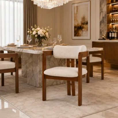 Modern solid wood dining chair styled in a luxury dining room