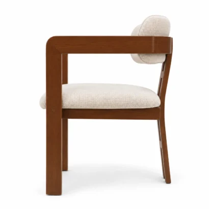 Side view of modern solid wood dining chair with wooden frame and upholstered seat