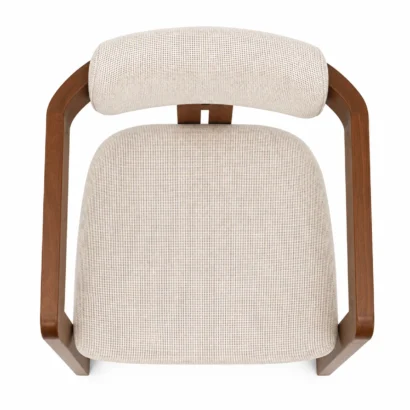 Top view of modern solid wood dining chair with cream fabric upholstery