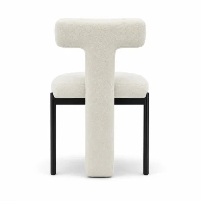 Back view of a modern T-back designer dining chair with upholstered T-shaped backrest