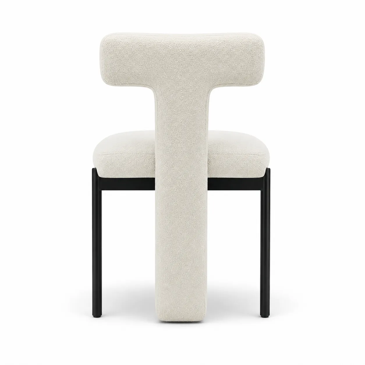 Back view of a modern T-back designer dining chair with upholstered T-shaped backrest