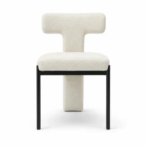 Modern T-back designer dining chair front view with cream upholstery and black metal legs