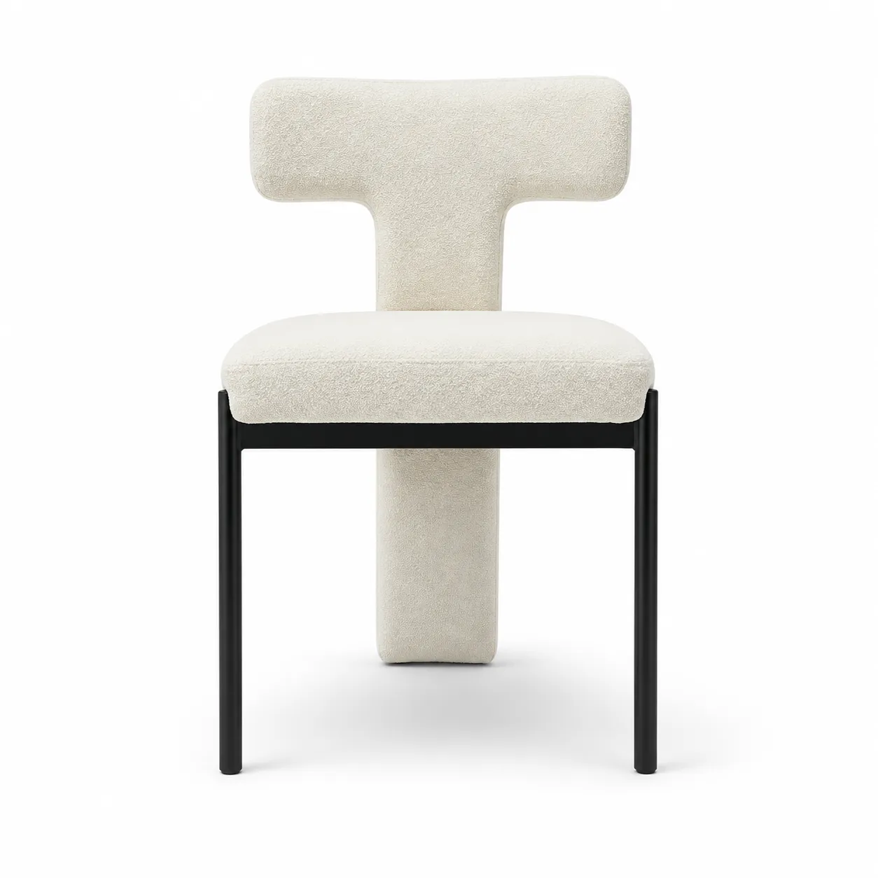 modern-t-back-designer-dining-chair-front-view.webp Modern T-back designer dining chair front view with cream upholstery and black metal legs