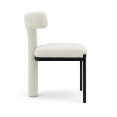 Left side view of a modern T-back designer dining chair with black metal frame