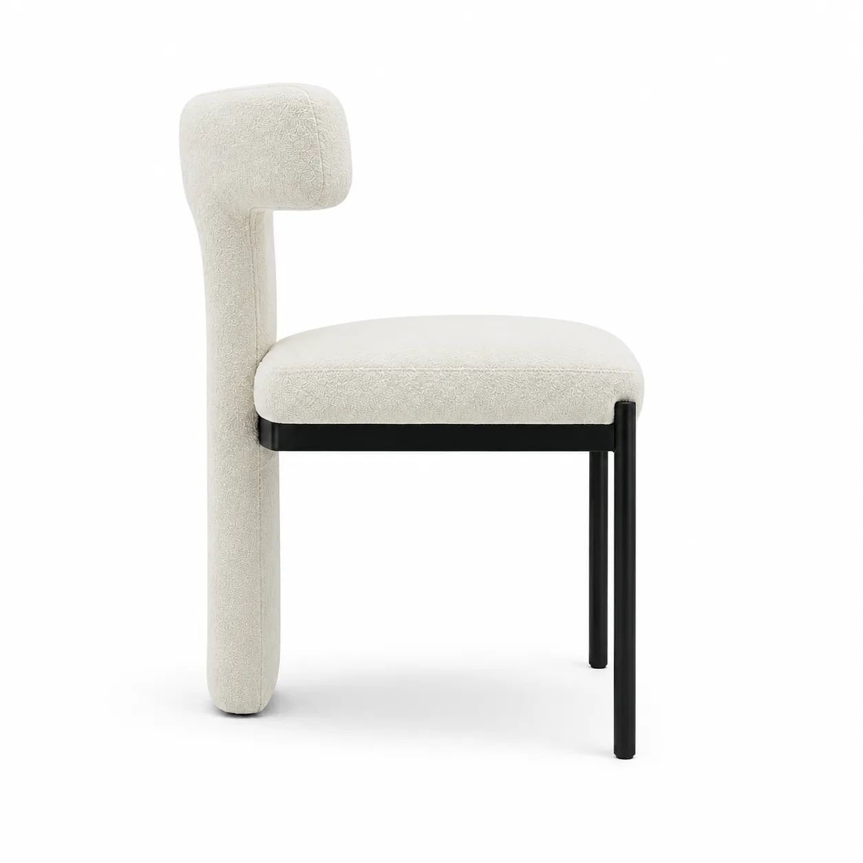 Left side view of a modern T-back designer dining chair with black metal frame