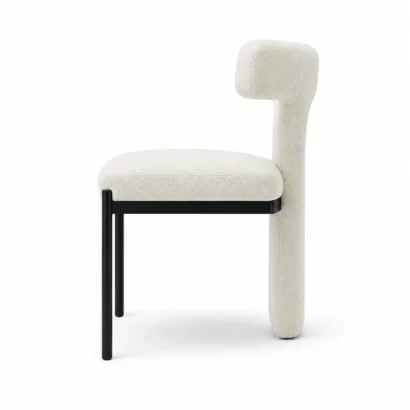 Right side view of a modern T-back designer dining chair with cream upholstered seat