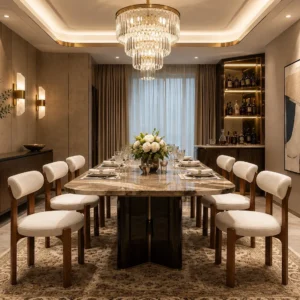 Modern upholstered dining chair in a luxury dining room in Dubai, UAE