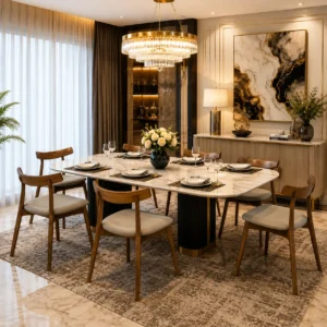 Rear angle view of a modern wooden dining chair with curved backrest and beige cushioned seat in Dubai