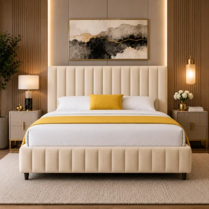Premium Grand Luxury Bed Frame featuring a stylish upholstered headboard for luxury bedroom interiors in Dubai.