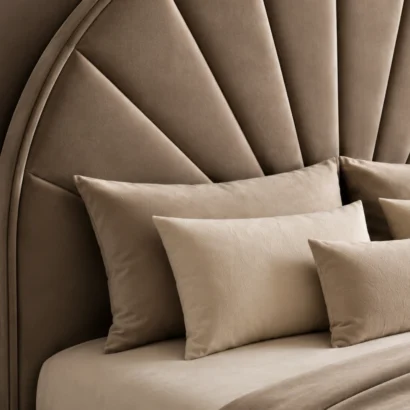 King bed with large sunburst upholstered headboard and modern design UAE