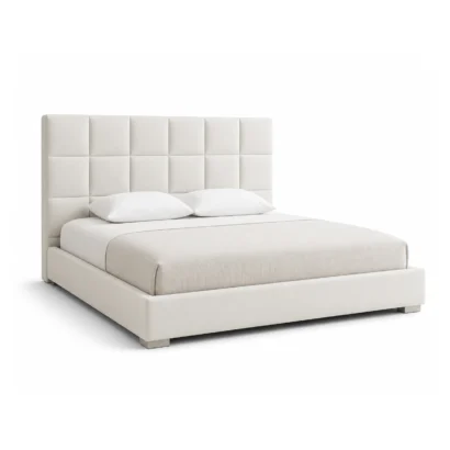 Modern Linear Grid Upholstered Bed Frame with cream linen fabric available in Dubai, UAE
