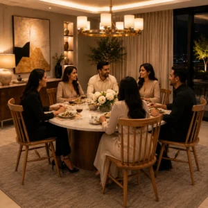 Rowan spindle-back dining chair in a luxury dining room in UAE