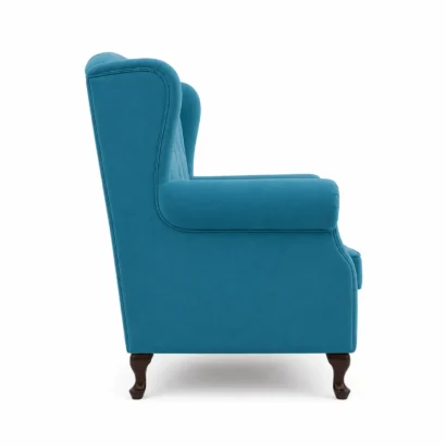 Turquoise wingback armchair side view with premium upholstered finishTurquoise wingback armchair side view with premium upholstered finish