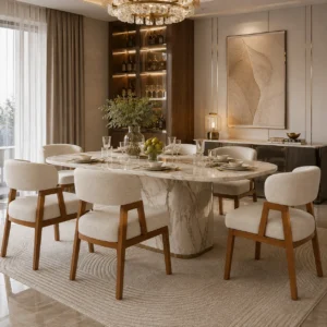 Scandi-style dining chair arranged in an elegant modern dining room