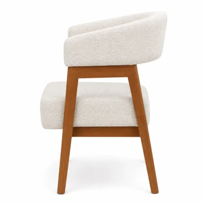 Side view of Scandi-style dining chair with wooden legs and upholstered seat