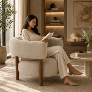 Scandinavian bouclé accent chair with soft textured upholstery for UAE homes