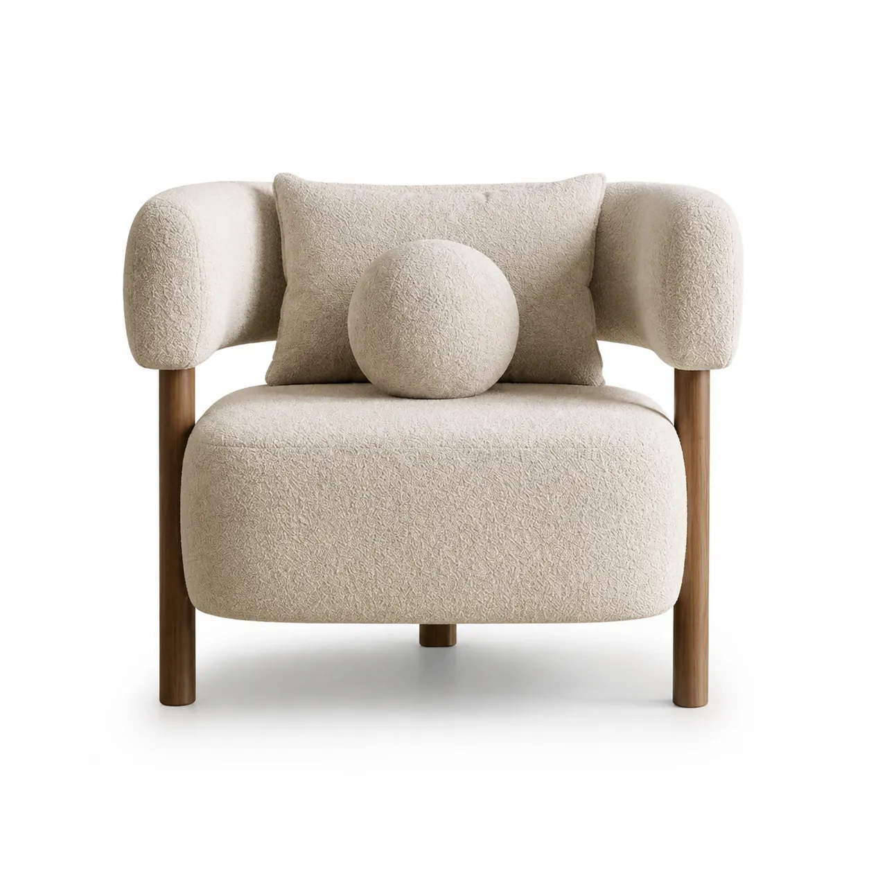 scandinavian-boucle-chair-front-view.jpg Scandinavian bouclé accent chair front view with rounded arms and wooden legs