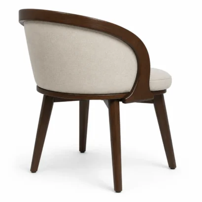 Back view of Serene barrel dining chair with curved wooden frame and upholstered back