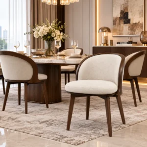 Serene barrel dining chair styled in an elegant modern dining room