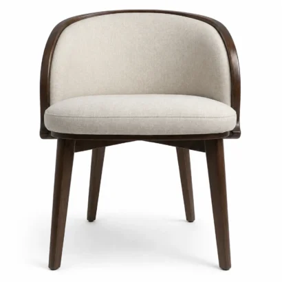 Serene barrel dining chair with cream upholstery and dark wooden frame