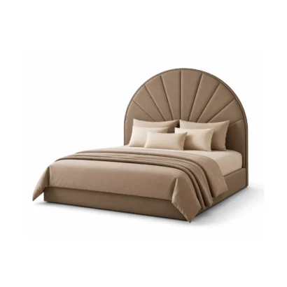 Modern arched velvet bed in warm taupe finish for Dubai bedrooms