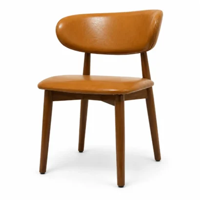 Tan leather and wooden dining chair with curved back design in UAE
