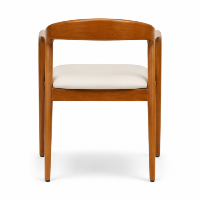 Back view of a modern wooden dining chair with cream upholstered seat