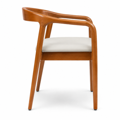 Left side view of a wooden dining chair with curved arms and cream seat in Dubai
