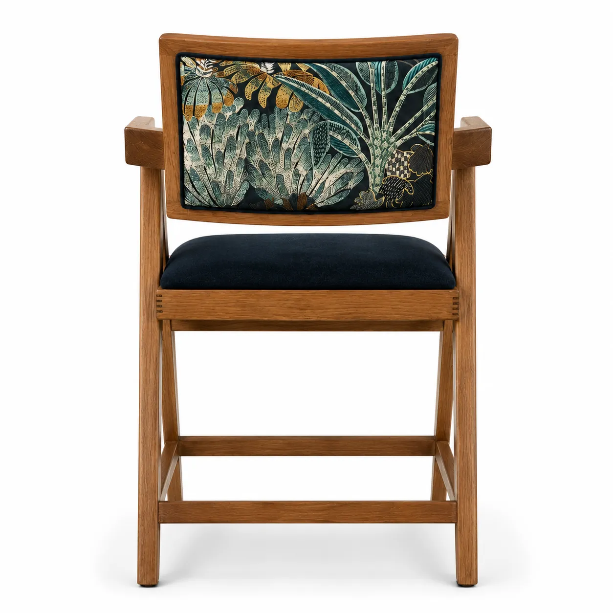 Back view of wooden upholstered dining chair with patterned backrest