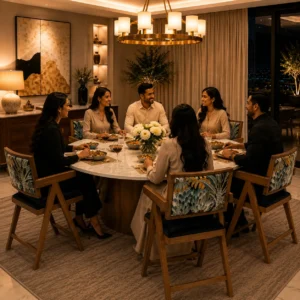 Wooden upholstered dining chairs around a luxury dining table in Dubai