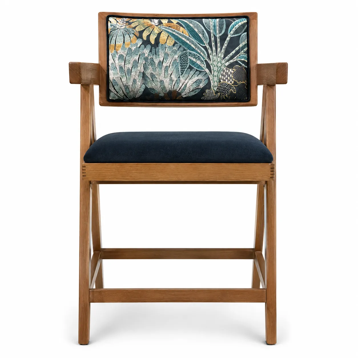 wooden-upholstered-dining-chair-front-view.webp Modern Wooden Bar Chair with navy seat and patterned backrest