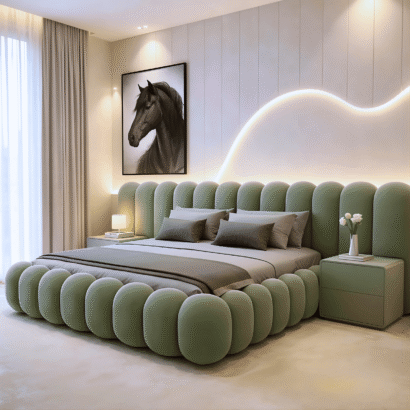 Contemporary bubble upholstered bed frame with padded headboard for modern home interiors in Dubai.