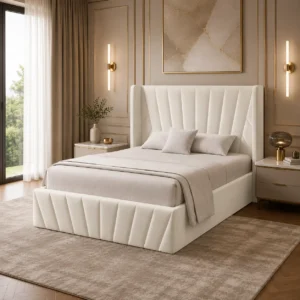 Luxury King & Queen Storage Bed in Dubai featuring a full wooden storage compartment and premium upholstery