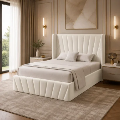 Luxury King & Queen Storage Bed in Dubai featuring a full wooden storage compartment and premium upholstery