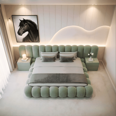 Modern Bubble Upholstered Bed Frame in Dubai UAE with soft upholstered headboard and contemporary bedroom design.