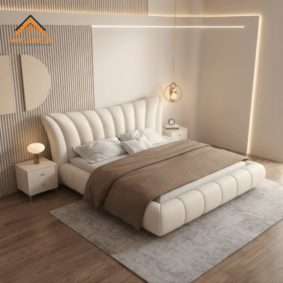 Modern round headboard bed frame in creamy white fabric by Ansary Furniture UAE.
