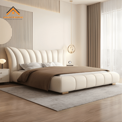 Luxury fabric upholstered bed with curved channel tufted headboard in modern bedroom setup.