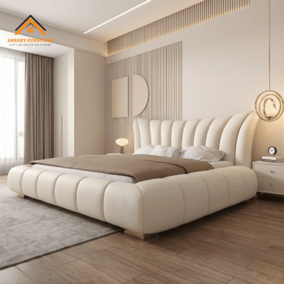 Premium fluted headboard bed frame with low-profile upholstered side rails.