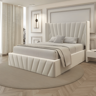 The Queen Storage Bed in Dubai by Ansary Furniture with a luxury upholstered headboard.